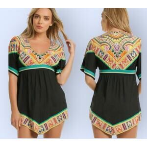 TRINA TURK Women's Nepal Black & Tropical Colors Swim Cover up Dress 6 8 Tunic